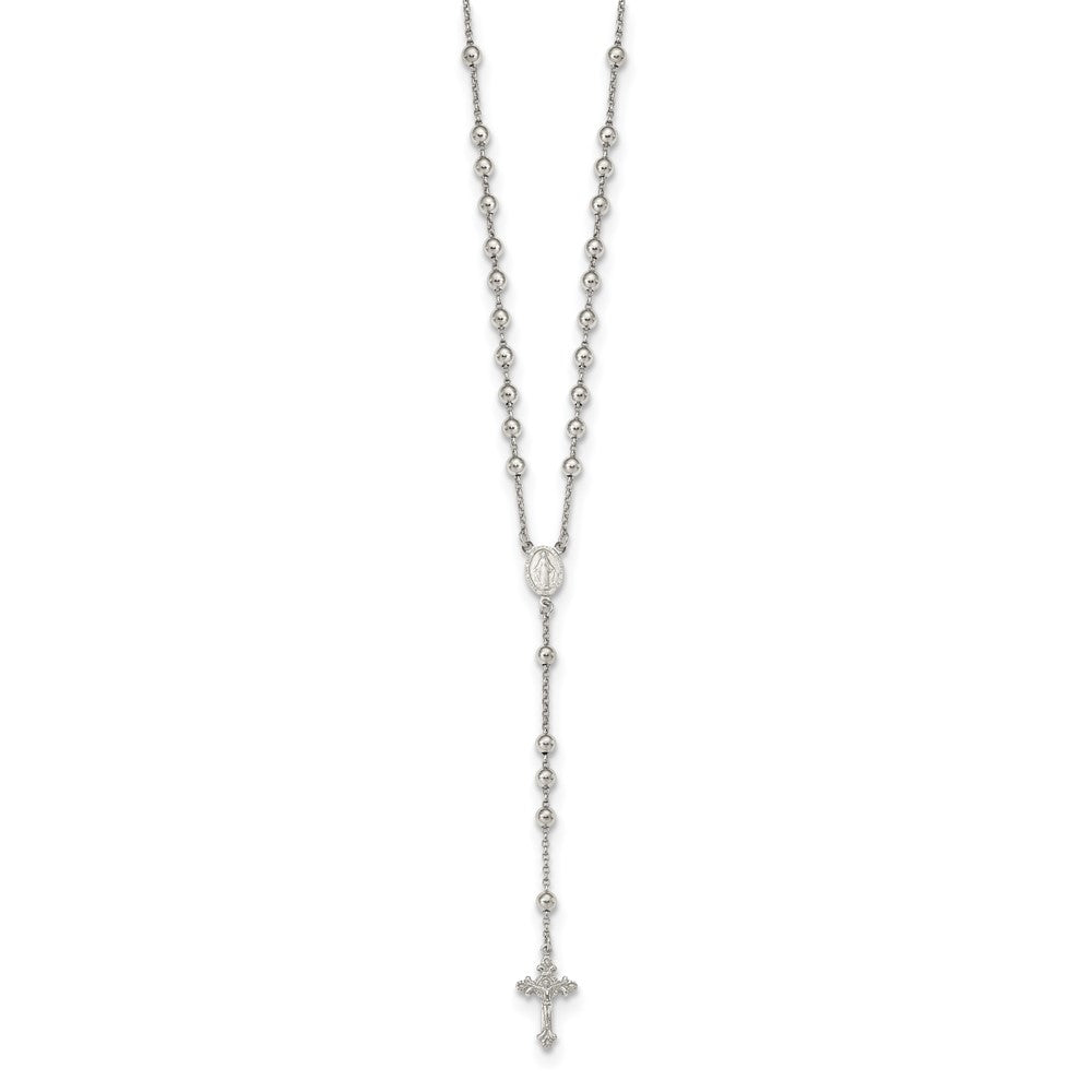 Sterling Silver Rhodium-plated Beaded Rosary Necklace 25"