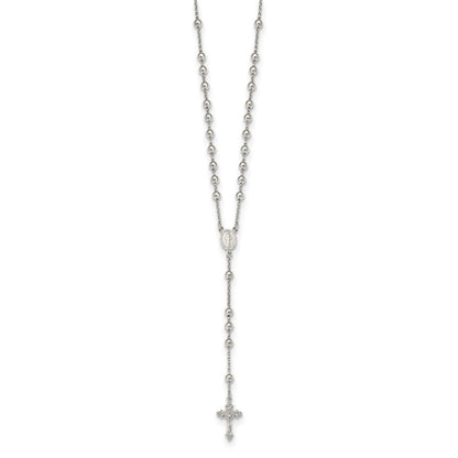 Sterling Silver Rhodium-plated Beaded Rosary Necklace 25"