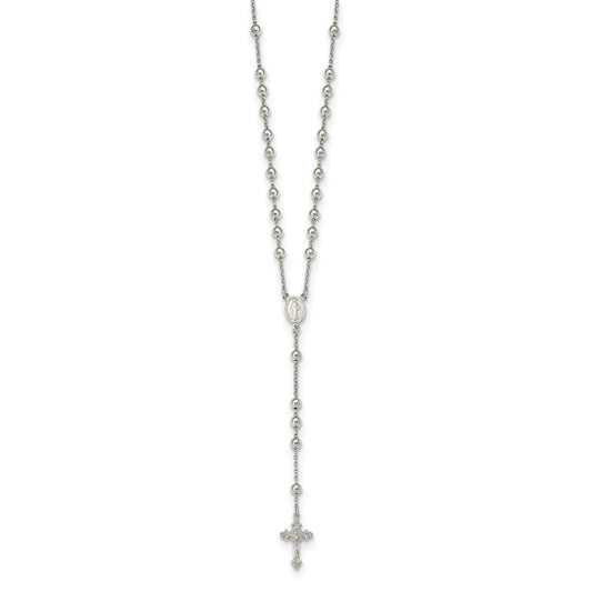 Sterling Silver Rhodium-plated Beaded Rosary Necklace 25"