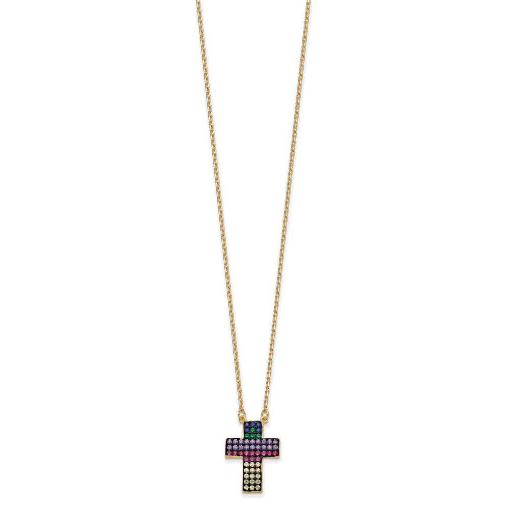 Sterling Silver Gold-tone 14K Flash Gold-plated Colorful Cubic Zirconia Cross Necklace 18"