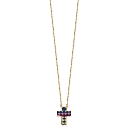 Sterling Silver Gold-tone 14K Flash Gold-plated Colorful Cubic Zirconia Cross Necklace 18"