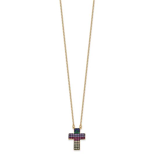 Sterling Silver Gold-tone 14K Flash Gold-plated Colorful Cubic Zirconia Cross Necklace 18"