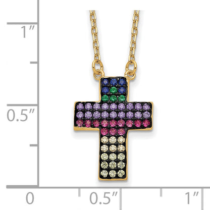 Sterling Silver Gold-tone 14K Flash Gold-plated Colorful Cubic Zirconia Cross Necklace 18"