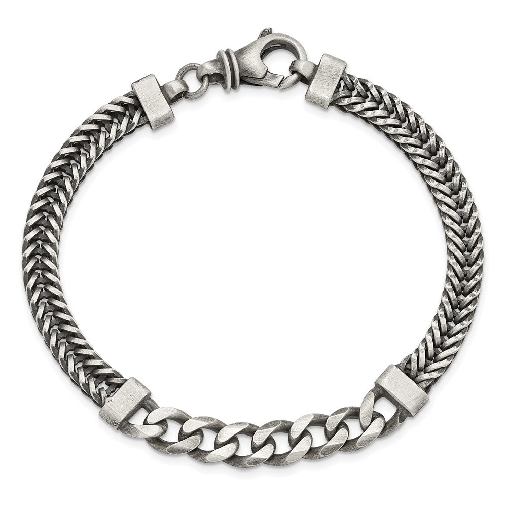 925 Sterling Silver 8.9mm Brushed Antiqued Wheat & Curb Chain Bracelet 8.5 inch