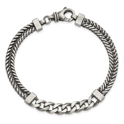 925 Sterling Silver 8.9mm Brushed Antiqued Wheat & Curb Chain Bracelet 8.5 inch