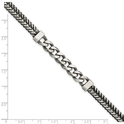 925 Sterling Silver 8.9mm Brushed Antiqued Wheat & Curb Chain Bracelet 8.5 inch