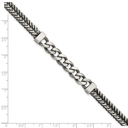 925 Sterling Silver 8.9mm Brushed Antiqued Wheat & Curb Chain Bracelet 8.5 inch
