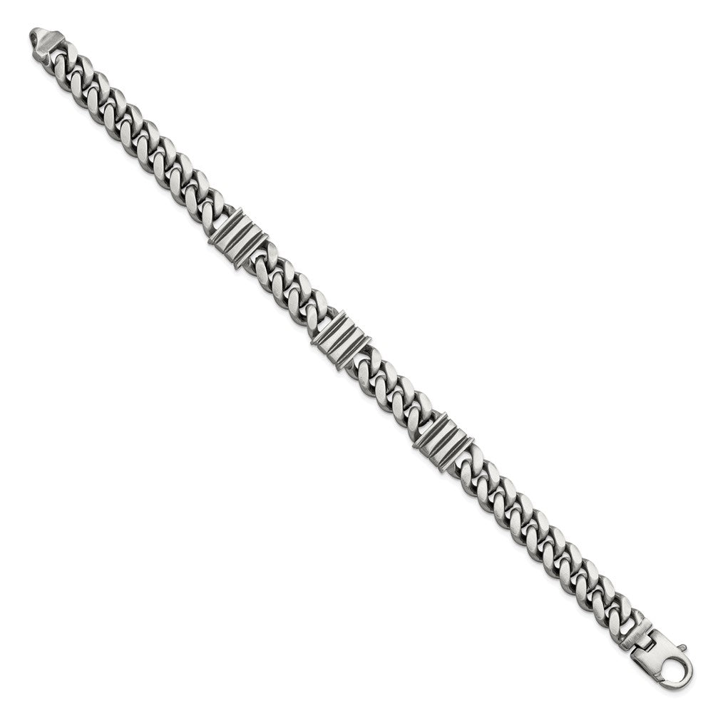 925 Sterling Silver 11.2mm Antiqued Brushed Curb/Bar Bracelet 8.5 inch