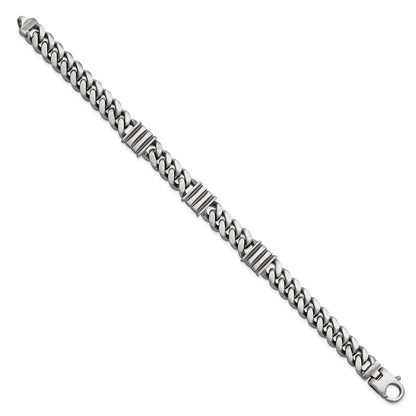 925 Sterling Silver 11.2mm Antiqued Brushed Curb/Bar Bracelet 8.5 inch