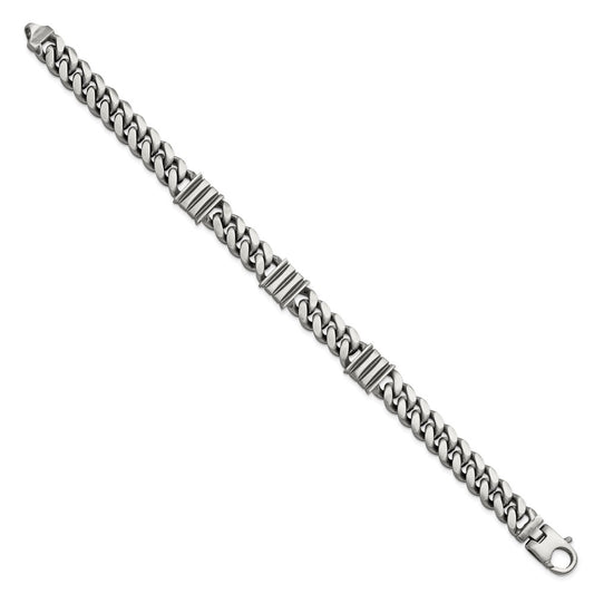 925 Sterling Silver 11.2mm Antiqued Brushed Curb/Bar Bracelet 8.5 inch