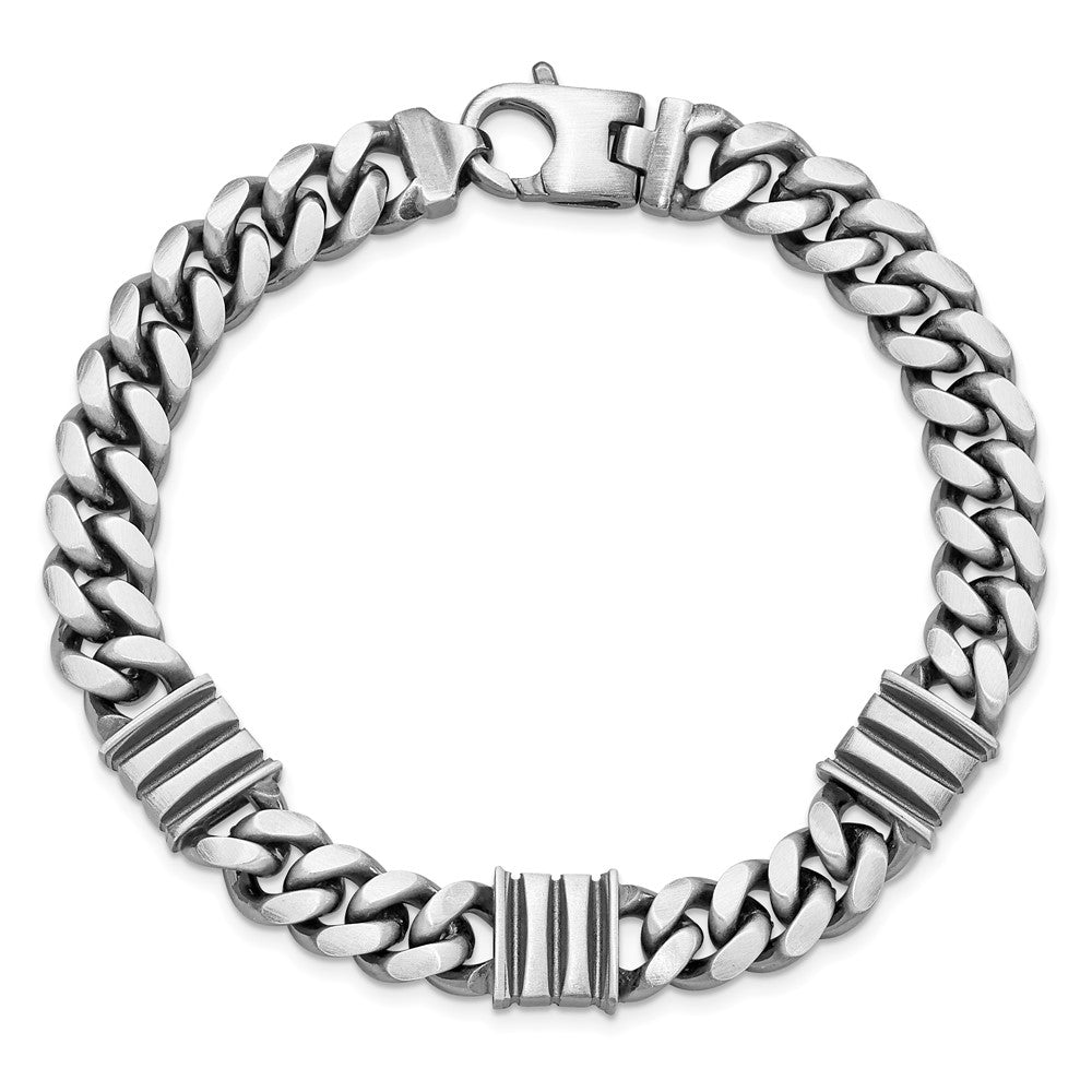 925 Sterling Silver 11.2mm Antiqued Brushed Curb/Bar Bracelet 8.5 inch