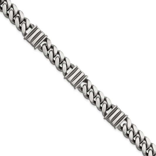 925 Sterling Silver 11.2mm Antiqued Brushed Curb/Bar Bracelet 8.5 inch