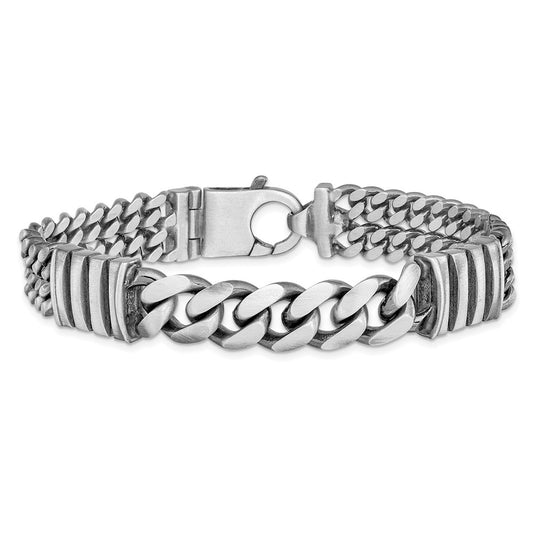 925 Sterling Silver 13.25mm Antiqued Brush Double Curb Bracelet 8.5 inch