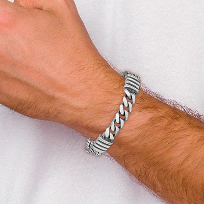 925 Sterling Silver 13.25mm Antiqued Brush Double Curb Bracelet 8.5 inch