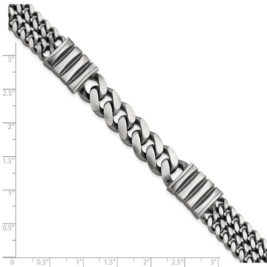 925 Sterling Silver 13.25mm Antiqued Brush Double Curb Bracelet 8.5 inch
