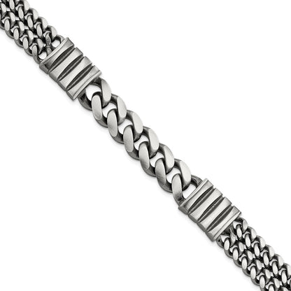 925 Sterling Silver 13.25mm Antiqued Brush Double Curb Bracelet 8.5 inch