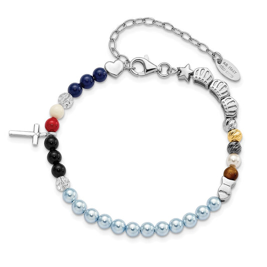 925 Sterling Silver Jesus' Story Multi Glass Pearl Onyx Agate Crystals Cross 6 Inch Fancy Lobster Clasp Bracelet with 2 inch Extender