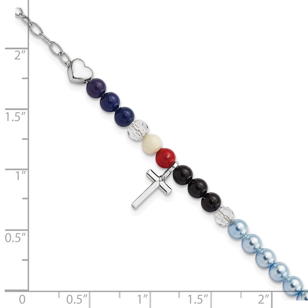 925 Sterling Silver Jesus' Story Multi Glass Pearl Onyx Agate Crystals Cross 6 Inch Fancy Lobster Clasp Bracelet with 2 inch Extender