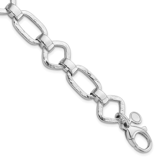 925 Sterling Silver 14.65mm Rhodium-plated Hamm ered Geometric Bracelet 7.5 inch