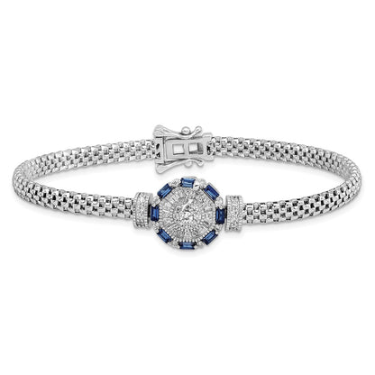 925 Sterling Silver Rhodium-plated Polished Blue & White Cubic Zirconia Bracelet 7 inch
