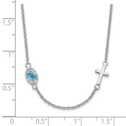 Sterling Silver RH Cubic Zirconia Enamel Cross Eye Pendant Necklace 18.5"