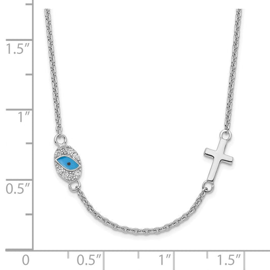 Sterling Silver RH Cubic Zirconia Enamel Cross Eye Pendant Necklace 18.5"