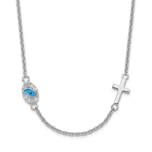 Sterling Silver RH Cubic Zirconia Enamel Cross Eye Pendant Necklace 18.5"