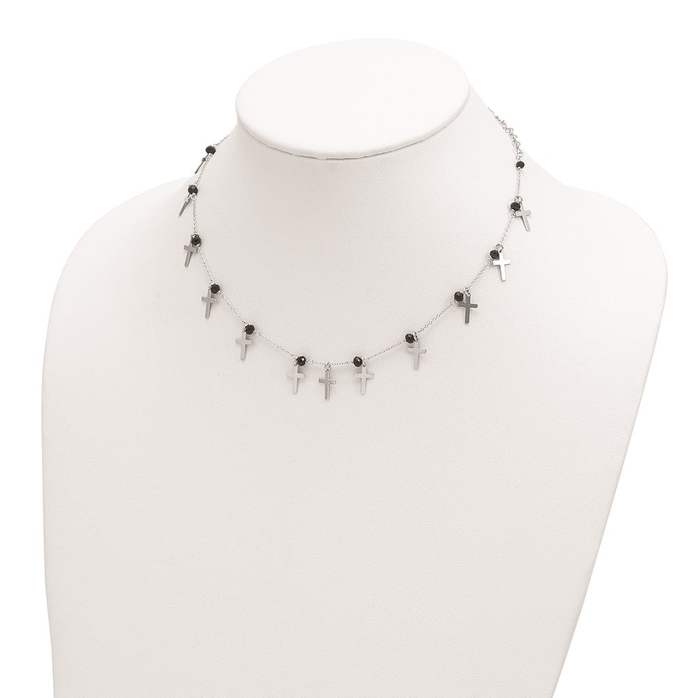 Sterling Silver Black Crystal Cross Necklace 16.25"