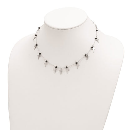 Sterling Silver Black Crystal Cross Necklace 16.25"