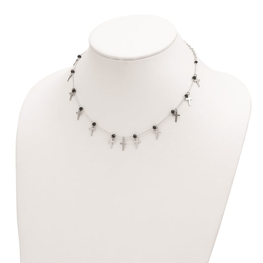 Sterling Silver Black Crystal Cross Necklace 16.25"