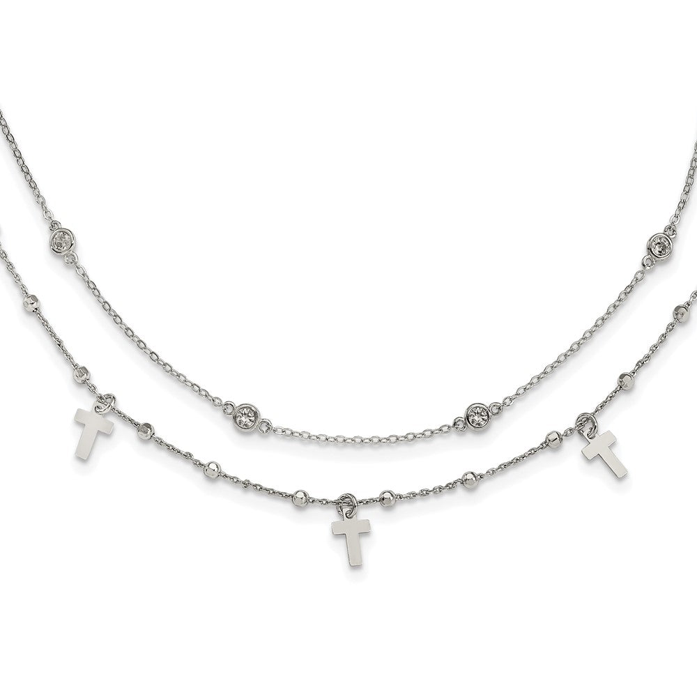 Sterling Silver Polished Cross and Cubic Zirconia Pendant Necklace 18"