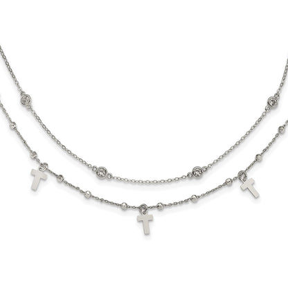 Sterling Silver Polished Cross and Cubic Zirconia Pendant Necklace 18"