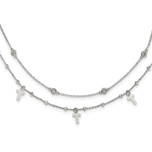Sterling Silver Polished Cross and Cubic Zirconia Pendant Necklace 18"