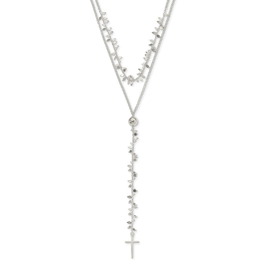Sterling Silver Polished Cross 2-Strand Necklace 18"