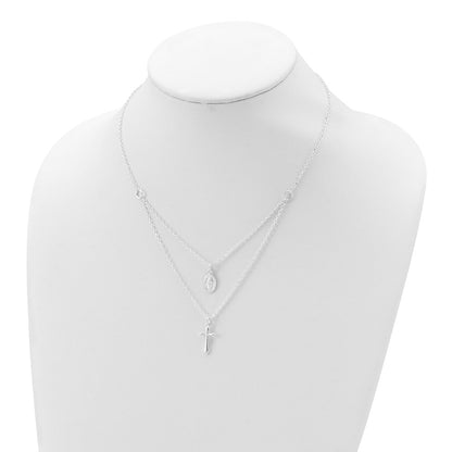 Sterling Silver Polished Medallion & Cross Necklace 17"
