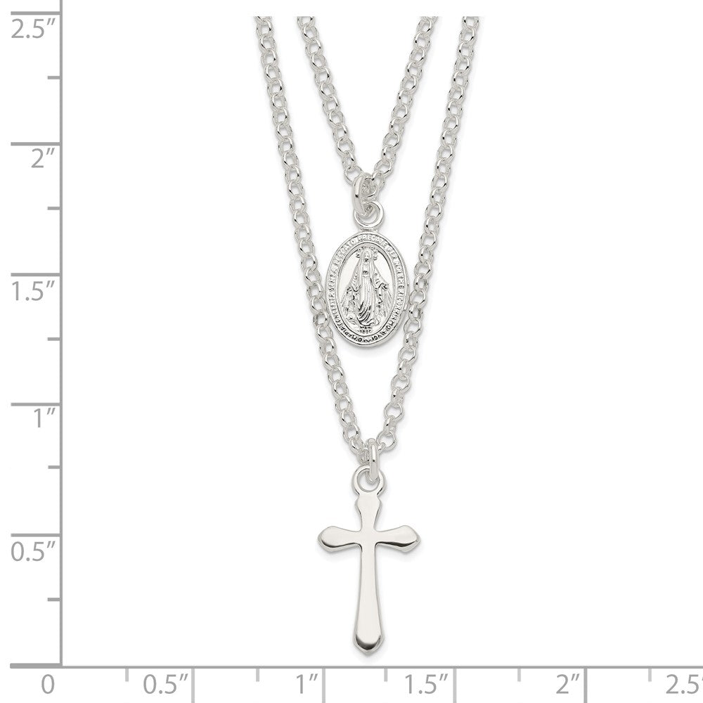 Sterling Silver Polished Medallion & Cross Necklace 17"