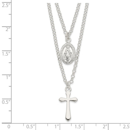 Sterling Silver Polished Medallion & Cross Necklace 17"