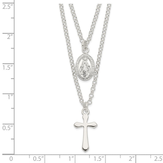 Sterling Silver Polished Medallion & Cross Necklace 17"