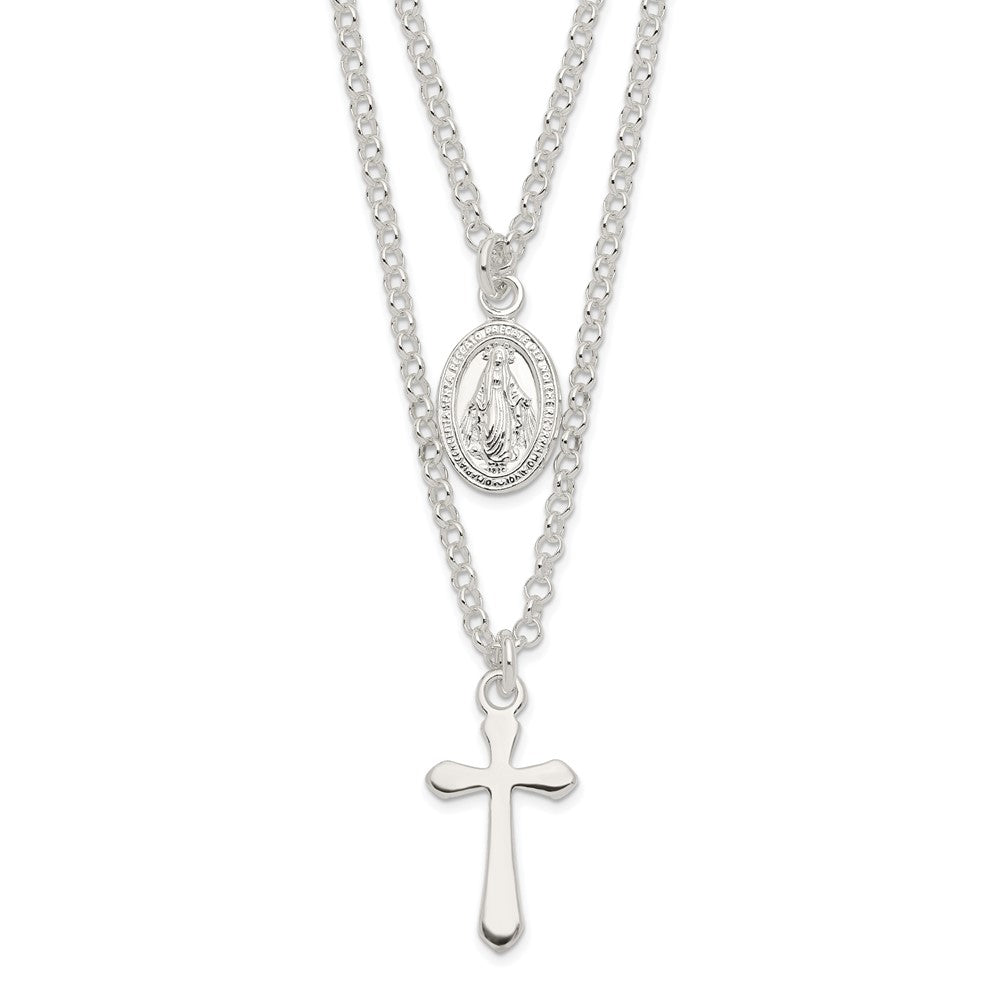 Sterling Silver Polished Medallion & Cross Necklace 17"