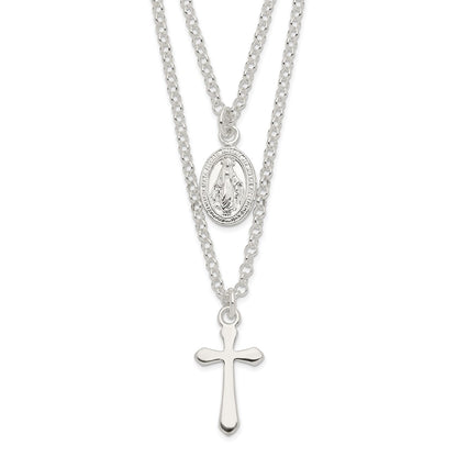 Sterling Silver Polished Medallion & Cross Necklace 17"