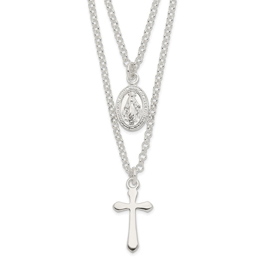 Sterling Silver Polished Medallion & Cross Necklace 17"