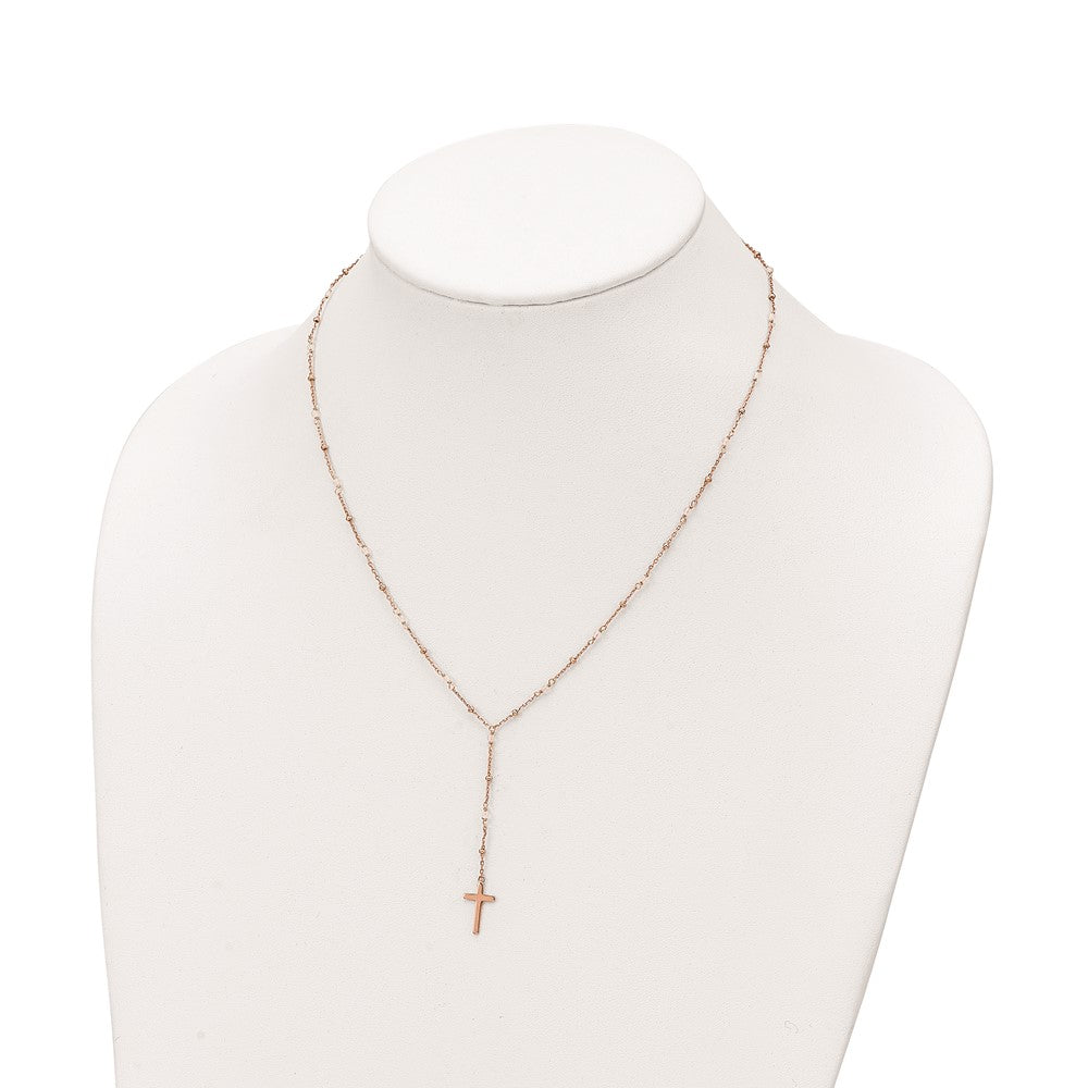 Sterling Silver Rose-tone Rose Quartz Beaded Cross Necklace 18"