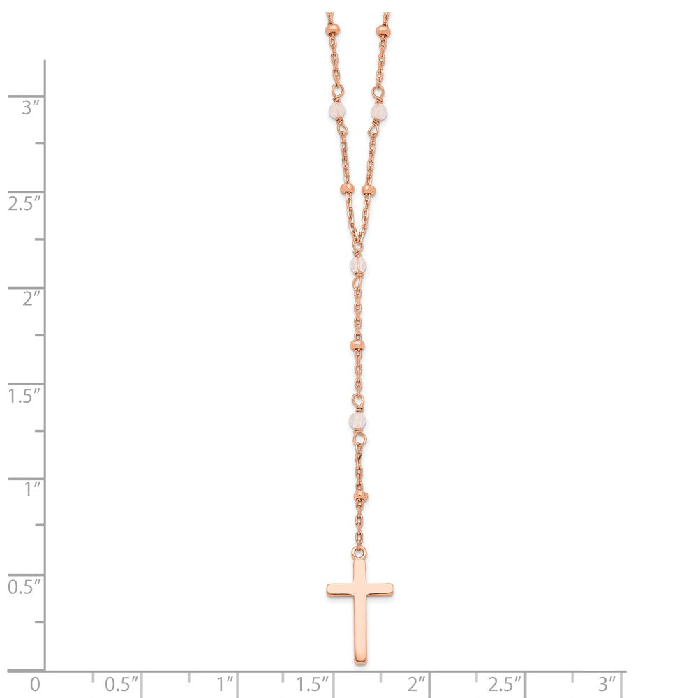 Sterling Silver Rose-tone Rose Quartz Beaded Cross Necklace 18"