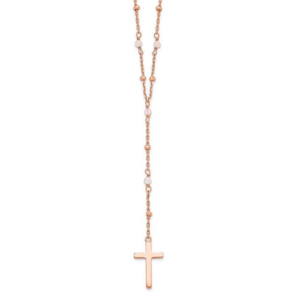 Sterling Silver Rose-tone Rose Quartz Beaded Cross Necklace 18"