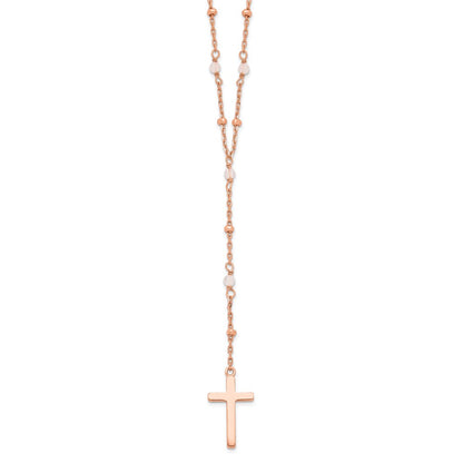 Sterling Silver Rose-tone Rose Quartz Beaded Cross Necklace 18"
