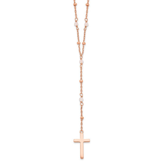 Sterling Silver Rose-tone Rose Quartz Beaded Cross Necklace 18"