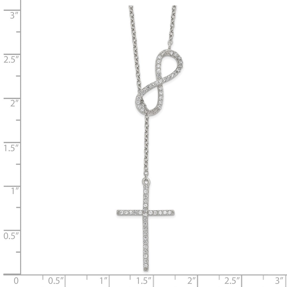 Sterling Silver Polished Rhodium Cubic Zirconia Cross Infinity Symbol Necklace 18"