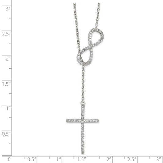 Sterling Silver Polished Rhodium Cubic Zirconia Cross Infinity Symbol Necklace 18"