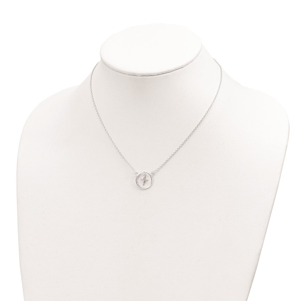Sterling Silver Cubic Zirconia Cross in Circle Necklace 16"