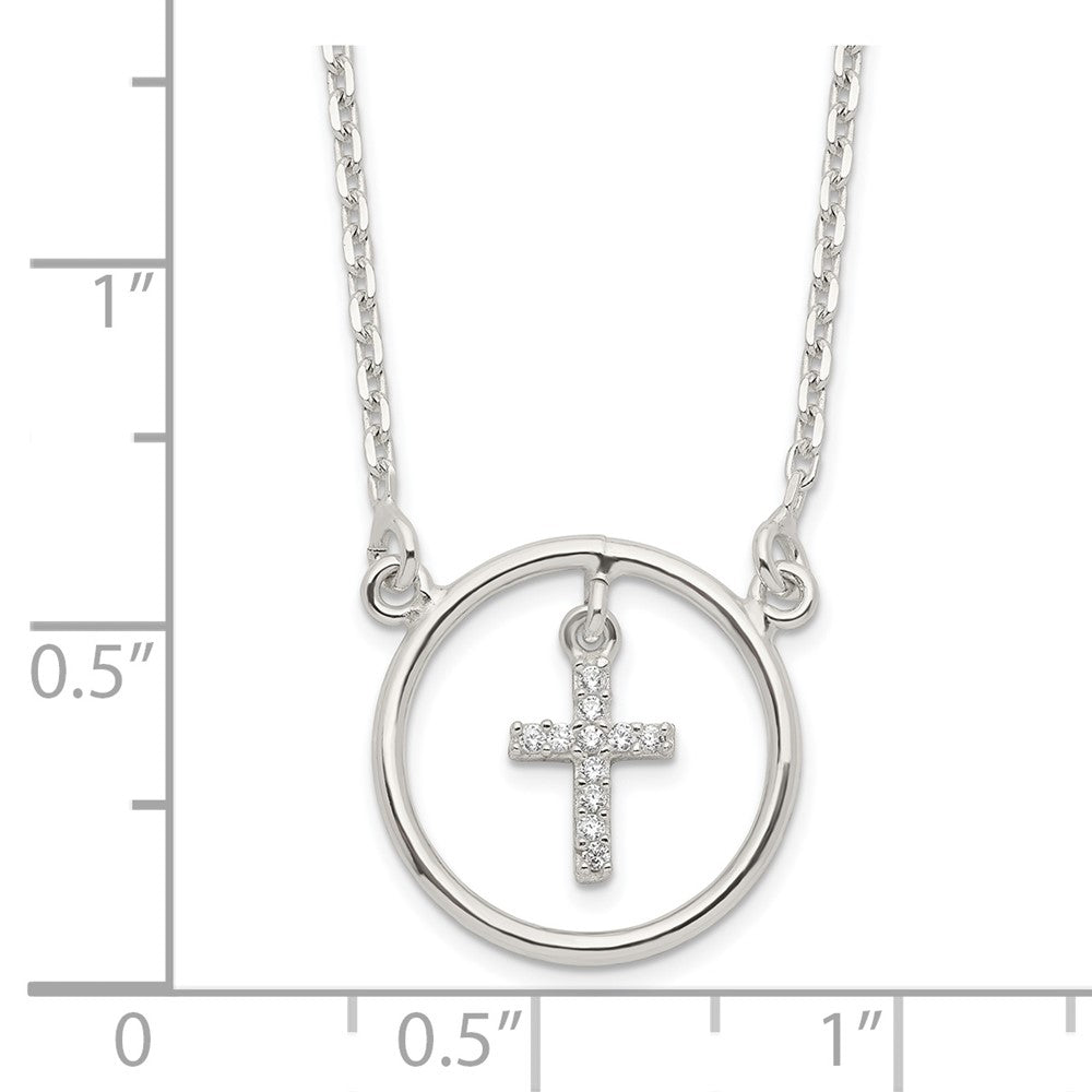 Sterling Silver Cubic Zirconia Cross in Circle Necklace 16"